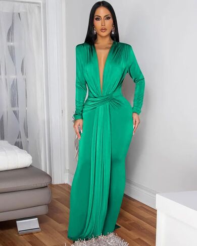 Memoriesea Women's Elegant Long Sleeve Deep V Neck Bodycon Party Evening Gown Maxi Dress in Kuwait