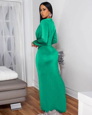 Memoriesea Women's Elegant Long Sleeve Deep V Neck Bodycon Party Evening Gown Maxi Dress in Kuwait