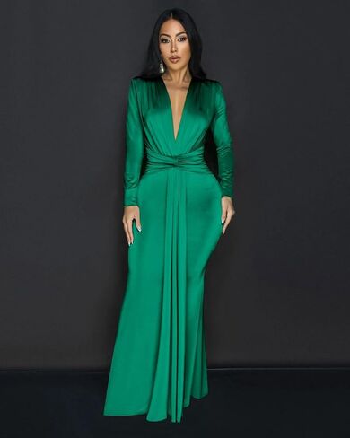 Memoriesea Women's Elegant Long Sleeve Deep V Neck Bodycon Party Evening Gown Maxi Dress in Kuwait