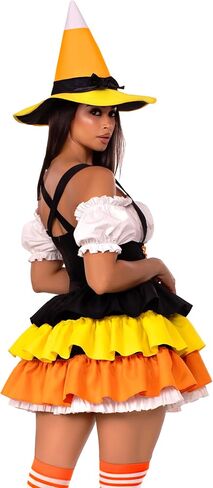 زي Leg Avenue النسائي المكون من قطعتين من Candy Corn Witch، يتضمن فستانًا مع تنورة ذات طبقات ورباط للخصر وقبعة ساحرة in Saudi Arabia
