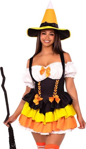 زي Leg Avenue النسائي المكون من قطعتين من Candy Corn Witch، يتضمن فستانًا مع تنورة ذات طبقات ورباط للخصر وقبعة ساحرة in Saudi Arabia