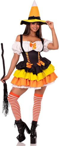 زي Leg Avenue النسائي المكون من قطعتين من Candy Corn Witch، يتضمن فستانًا مع تنورة ذات طبقات ورباط للخصر وقبعة ساحرة in Saudi Arabia