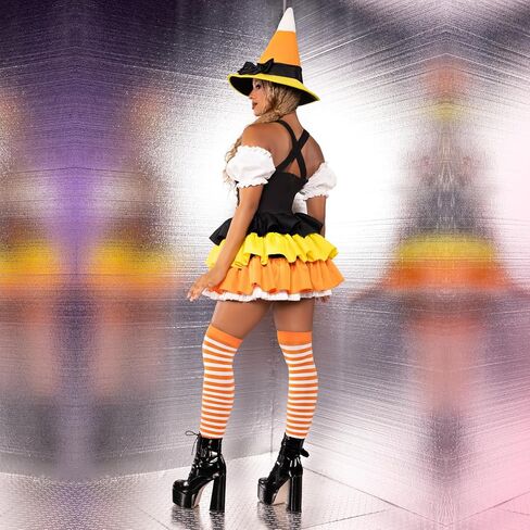 زي Leg Avenue النسائي المكون من قطعتين من Candy Corn Witch، يتضمن فستانًا مع تنورة ذات طبقات ورباط للخصر وقبعة ساحرة in Saudi Arabia