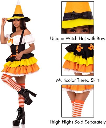 زي Leg Avenue النسائي المكون من قطعتين من Candy Corn Witch، يتضمن فستانًا مع تنورة ذات طبقات ورباط للخصر وقبعة ساحرة in Saudi Arabia