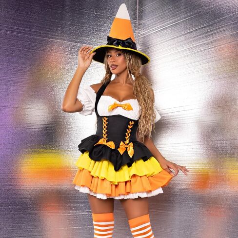 زي Leg Avenue النسائي المكون من قطعتين من Candy Corn Witch، يتضمن فستانًا مع تنورة ذات طبقات ورباط للخصر وقبعة ساحرة in Saudi Arabia