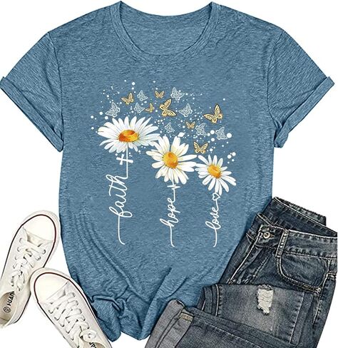 Women's Cute Christian Shirts,Daisy and Butterfly Print Faith T-Shirt Crewneck Short Sleeve Summer Tops Blouse in Saudi Arabia