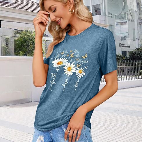 Women's Cute Christian Shirts,Daisy and Butterfly Print Faith T-Shirt Crewneck Short Sleeve Summer Tops Blouse in Saudi Arabia
