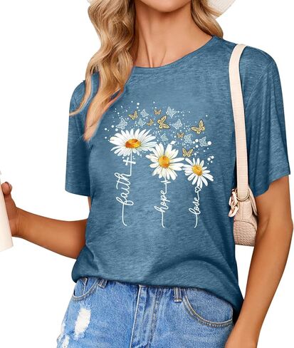 Women's Cute Christian Shirts,Daisy and Butterfly Print Faith T-Shirt Crewneck Short Sleeve Summer Tops Blouse in Saudi Arabia