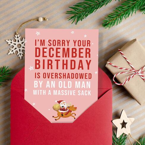 Huameigf Funny December Birthday Card for Women Men, Lovely Christmas Birthday Card Gift for Him Her, Sweet Xmas Card for Friends, I Am Sorry Your December Birthday Is Overshadowed in Saudi Arabia