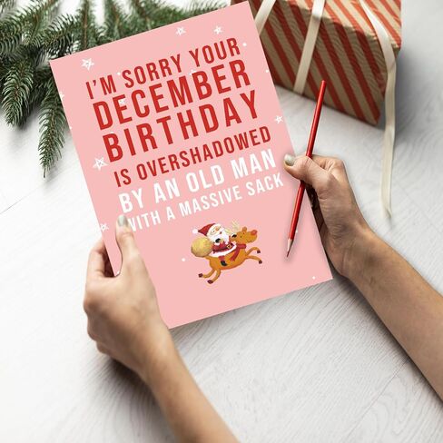 Huameigf Funny December Birthday Card for Women Men, Lovely Christmas Birthday Card Gift for Him Her, Sweet Xmas Card for Friends, I Am Sorry Your December Birthday Is Overshadowed in Saudi Arabia