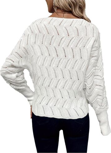 Womens Loose Fit Crew Neck Long Sleeve Solid Lightweight Knit Hollow Pullover Sweaters in Saudi Arabia
