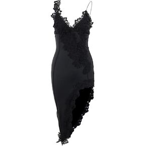 Spevert المرأة مثير Ruched الجانب الشق Bodycon فساتين متوسطة الطول أنيقة الدانتيل أكمام الخامس الرقبة كشكش هيم فستان حفلة كوكتيل in Kuwait