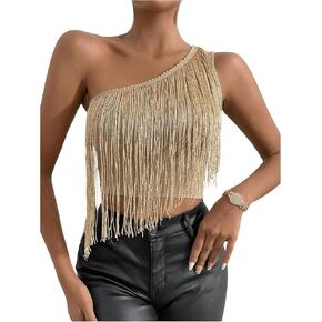 OYOANGLE Women's Tassel Fringe Trim One Shoulder Tank Top Sleeveless Crop Tops Party Clubwear in Saudi Arabia