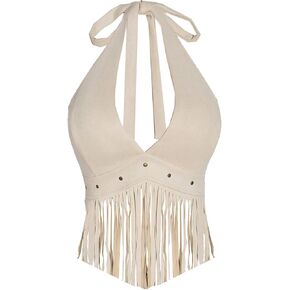 OYOANGLE Women's Plus Size Western Cowgirl Fringe Top Studded Backless Festival Rodeo Crop Halter Tops in Saudi Arabia