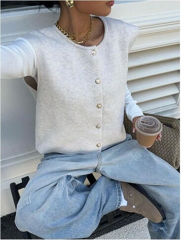 Verdusa Women‘s Comfiest Airport Outfits Button Down Sleeveless Sweater Vest Tops Cozy Cardigans in Kuwait