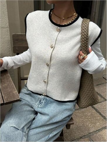 Verdusa Women‘s Comfiest Airport Outfits Button Down Sleeveless Sweater Vest Tops Cozy Cardigans in Kuwait