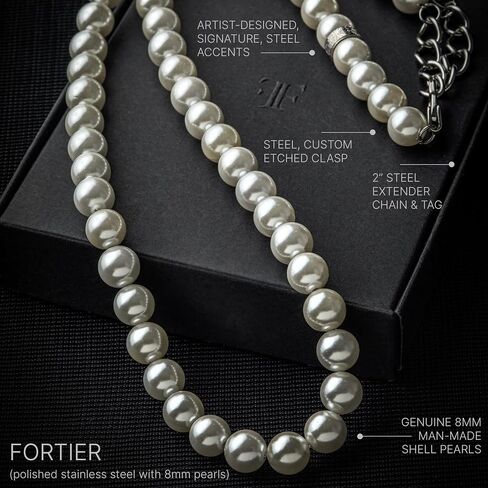 Forge & Foundry Men's Shell Pearl (Man-Made) Necklace with Polished Stainless Steel Artist-Designed Custom Beads - Sizes - 10mm | 8mm | 6mm [Fortier] in Saudi Arabia