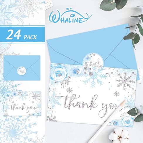 Whaline 24 حزمة عيد الميلاد شكرا لك بطاقة الوردي بريق ندفة الثلج الزهور تحية بطاقة مع مغلف ملصق بطاقة ملاحظة فارغة لعيد الميلاد الشتاء استحمام الطفل لوازم دعوة الحزب، 4 × 6 بوصة in Kuwait