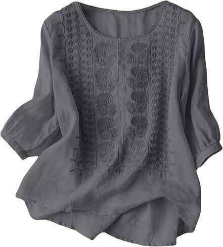 Linen Tops for Women 3/4 Sleeve Retro Embroidered Cotton T Shirts Ladies Round Neck Blouses Teacher Loose Tunics Tops in Saudi Arabia