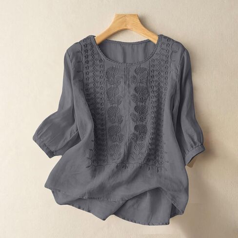 Linen Tops for Women 3/4 Sleeve Retro Embroidered Cotton T Shirts Ladies Round Neck Blouses Teacher Loose Tunics Tops in Saudi Arabia