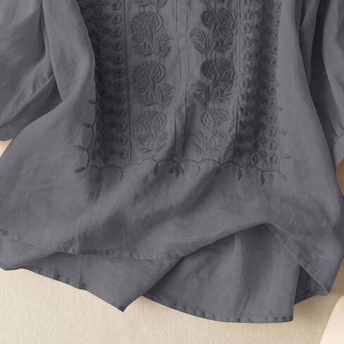 Linen Tops for Women 3/4 Sleeve Retro Embroidered Cotton T Shirts Ladies Round Neck Blouses Teacher Loose Tunics Tops in Saudi Arabia