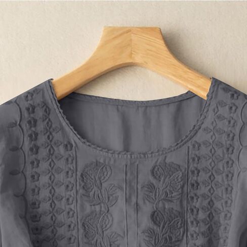 Linen Tops for Women 3/4 Sleeve Retro Embroidered Cotton T Shirts Ladies Round Neck Blouses Teacher Loose Tunics Tops in Saudi Arabia