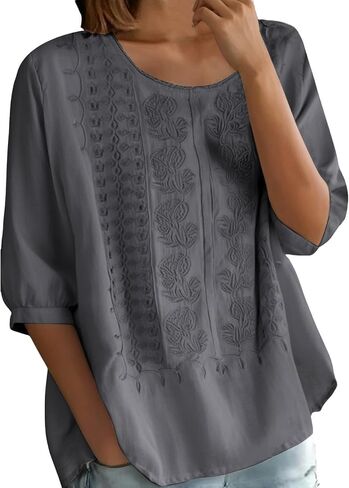 Linen Tops for Women 3/4 Sleeve Retro Embroidered Cotton T Shirts Ladies Round Neck Blouses Teacher Loose Tunics Tops in Saudi Arabia