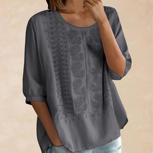 Linen Tops for Women 3/4 Sleeve Retro Embroidered Cotton T Shirts Ladies Round Neck Blouses Teacher Loose Tunics Tops in Saudi Arabia