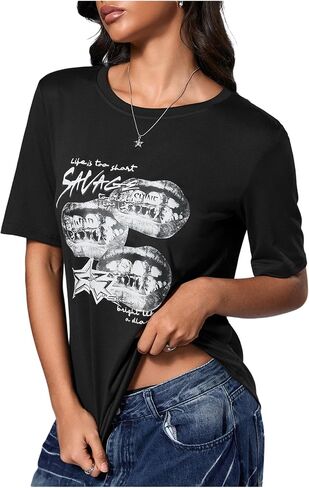 WDIRARA Women's Goth Lips Graphic T Shirts Crew Neck Short Sleeve Tee Tops Streetwear in Saudi Arabia