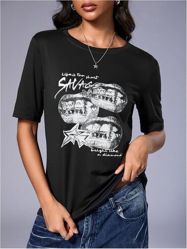 WDIRARA Women's Goth Lips Graphic T Shirts Crew Neck Short Sleeve Tee Tops Streetwear in Saudi Arabia