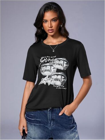 WDIRARA Women's Goth Lips Graphic T Shirts Crew Neck Short Sleeve Tee Tops Streetwear in Saudi Arabia