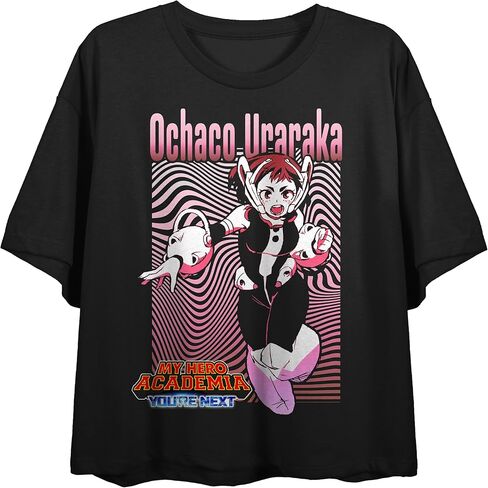 My Hero Academia: You're Next Ochaco Uraraka Fight Pose, Wavy Lines Pink Lines bg, Logo on Black Sleeve Adult Crop T-Shirt in Kuwait