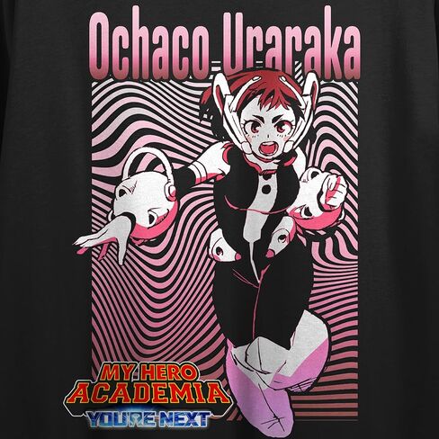 My Hero Academia: You're Next Ochaco Uraraka Fight Pose, Wavy Lines Pink Lines bg, Logo on Black Sleeve Adult Crop T-Shirt in Kuwait
