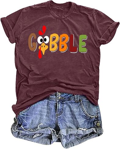 قميص Gobble Gobble للنساء تي شيرت عيد الشكر بأكمام قصيرة وطباعة حروف جرافيك لطيفة وقمصان مرحة وبلوزة in Saudi Arabia