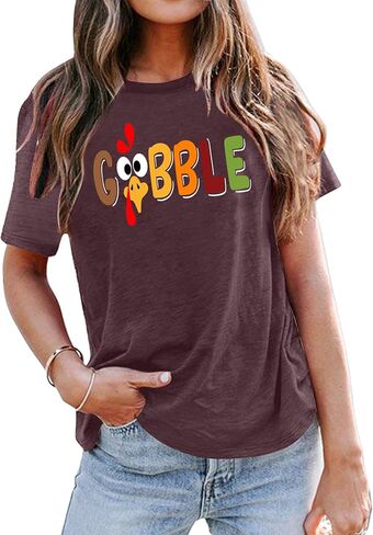 قميص Gobble Gobble للنساء تي شيرت عيد الشكر بأكمام قصيرة وطباعة حروف جرافيك لطيفة وقمصان مرحة وبلوزة in Saudi Arabia