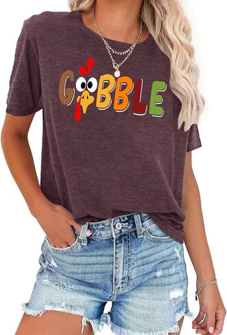 قميص Gobble Gobble للنساء تي شيرت عيد الشكر بأكمام قصيرة وطباعة حروف جرافيك لطيفة وقمصان مرحة وبلوزة in Saudi Arabia