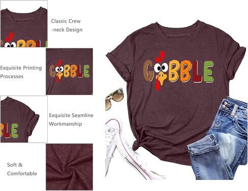قميص Gobble Gobble للنساء تي شيرت عيد الشكر بأكمام قصيرة وطباعة حروف جرافيك لطيفة وقمصان مرحة وبلوزة in Saudi Arabia