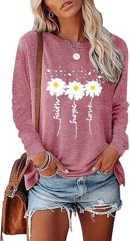 Long Sleeve Shirts for Women Fall Winter Clothes Tunic Tops Daisy Shirt Loose Cozy Cute Pullover Tee Casual Sweatshirts in Saudi Arabia