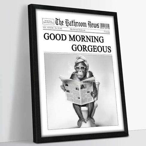 Framed Funny Bathroom Wall Art Decor 12"x16", Black and White Funny Gorilla Artwork Good Morning Gorgeous Wall Pictures Humourous Animal Canvas Prints for Bathroom Wall Decor in Saudi Arabia