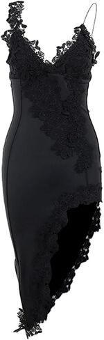 Spevert المرأة مثير Ruched الجانب الشق Bodycon فساتين متوسطة الطول أنيقة الدانتيل أكمام الخامس الرقبة كشكش هيم فستان حفلة كوكتيل in Kuwait