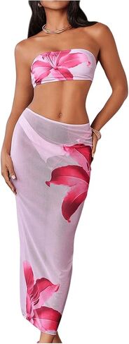 GORGLITTER Women's 3 Piece Floral Swimsuit Strapless Bandeau High Cut Thong Bikini Set with Cover Up Skirt in Saudi Arabia