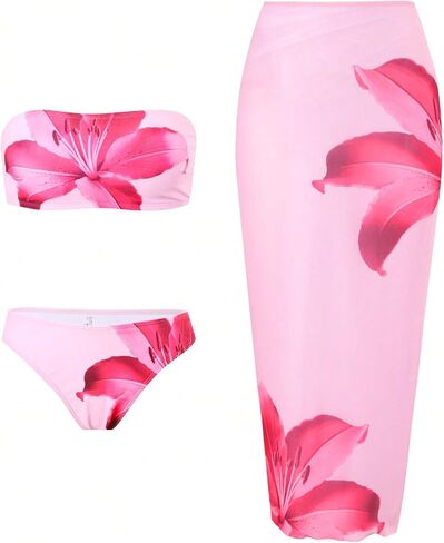 GORGLITTER Women's 3 Piece Floral Swimsuit Strapless Bandeau High Cut Thong Bikini Set with Cover Up Skirt in Saudi Arabia