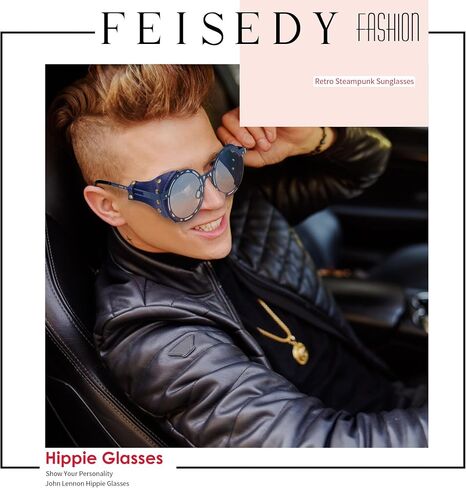 FEISEDY نظارات شمسية كلاسيكية مستديرة Steampunk للنساء والرجال نظارات كلاسيكية بإطار معدني ملابس جلدية B0140 in Saudi Arabia