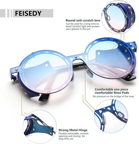 FEISEDY نظارات شمسية كلاسيكية مستديرة Steampunk للنساء والرجال نظارات كلاسيكية بإطار معدني ملابس جلدية B0140 in Saudi Arabia