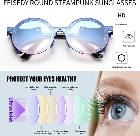 FEISEDY نظارات شمسية كلاسيكية مستديرة Steampunk للنساء والرجال نظارات كلاسيكية بإطار معدني ملابس جلدية B0140 in Saudi Arabia
