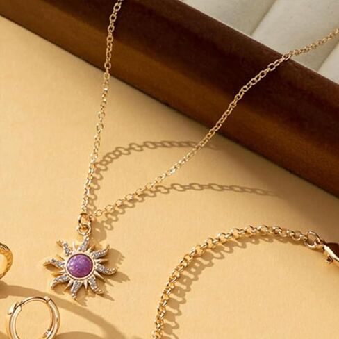 Rapunzel Sun Necklace for Women Tangled Necklace Gold Sun Necklace Purple Opal Pendant Neckalce Healing Crystal Necklace Halloween Trendy Jewelry in Saudi Arabia