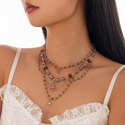 Rapunzel Sun Necklace for Women Tangled Necklace Gold Sun Necklace Purple Opal Pendant Neckalce Healing Crystal Necklace Halloween Trendy Jewelry in Saudi Arabia