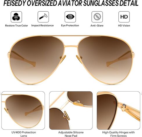 FEISEDY Oversized Aviator Sunglasses Women Men - Retro Gold Metal Chunky Frame, UV400 for Driving & Daily Wear B0311 in Saudi Arabia
