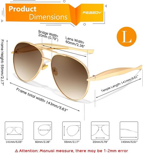 FEISEDY Oversized Aviator Sunglasses Women Men - Retro Gold Metal Chunky Frame, UV400 for Driving & Daily Wear B0311 in Saudi Arabia