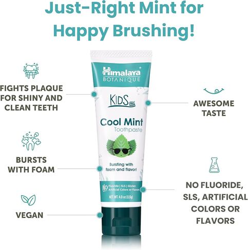 Himalaya Botanique Kids Toothpaste, Herbal, Cool Mint Flavor, Fights Plaque, Fluoride Free, Gentle, No Artificial Flavors or Colors, SLS Free, Gluten Free, Cruelty Free, Vegan, Foaming, 4 Oz, 2 Pack in Kuwait